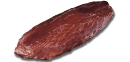 Identify the fabricated cuts of beef. Choose the correct name for this fabricated cut of meat.   A)  beef flank steak B)  beef shank, cross cuts C)  beef tenderloin, trimmed D)  beef boneless strip loin E)  beef short loin