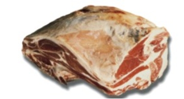 Identify the fabricated cuts of lamb. Choose the correct name for this fabricated cut of meat.   A)  lamb loin roast B)  lamb, square-cut shoulder, whole C)  lamb, boneless shoulder, rolled and tied D)  lamb foreshank E)  lamb, whole leg