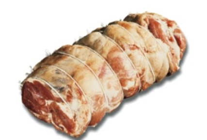 Identify the fabricated cuts of lamb. Choose the correct name for this fabricated cut of meat.   A)  lamb loin roast B)  lamb, square-cut shoulder, whole C)  lamb, boneless shoulder, rolled and tied D)  lamb foreshank E)  lamb, whole leg