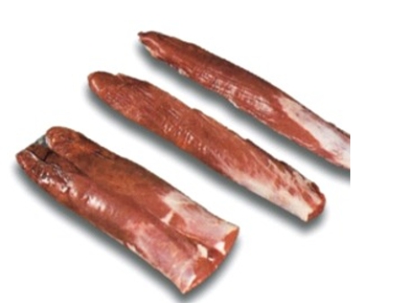 Identify the fabricated cuts of pork. Choose the correct name for this fabricated cut of meat.   A)  pork tenderloin B)  full pork loin (includes ribs)  C)  pork shoulder butt D)  pork rib half and loin half roasts E)  pork loin chops