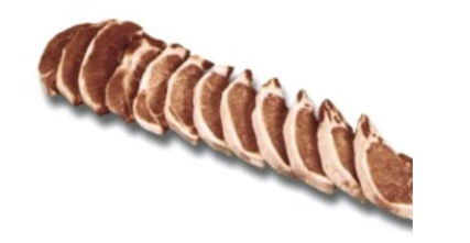 Identify the fabricated cuts of pork. Choose the correct name for this fabricated cut of meat.   A)  pork tenderloin B)  full pork loin (includes ribs)  C)  pork shoulder butt D)  pork rib half and loin half roasts E)  pork loin chops