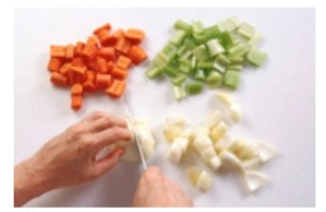 Identify the procedure shown in the picture. -  A)  Chopping mirepoix B)  Cutting parisienne C)  Cutting paysanne D)  Dicing