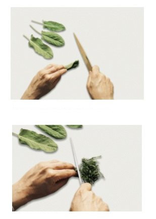 Identify the procedure shown in the picture. -  A)  Cutting chiffonade B)  Cutting paysanne C)  Cutting parisienne D)  Cutting suprêmes