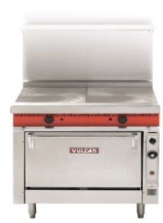 Identify the piece of equipment shown in each picture. -  A)  Flattop range B)  Portable induction cooktop C)  Open-burner gas range with griddle D)  Ring-top range