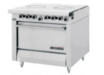 Identify the piece of equipment shown in each picture. -  A)  Portable induction cooktop B)  Open-burner gas range with griddle C)  Flattop range with griddle D)  Ring-top range