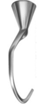 Identify the piece of equipment shown in each picture. -  A)  Mixer attachment: whip B)  Mixer attachment: pastry knife C)  Mixer attachment: paddle D)  Mixer attachment: dough arm