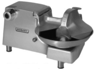 Identify the piece of equipment shown in each picture. -  A)  Rotation chopper B)  Grinder attachment (on separate motor)  C)  Food processor D)  Small table-model mixer