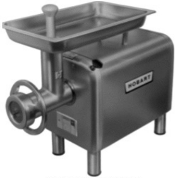 Identify the piece of equipment shown in each picture. -  A)  Rotation chopper B)  Small table-model mixer C)  Large floor-model mixer D)  Grinder attachment (on separate motor) 