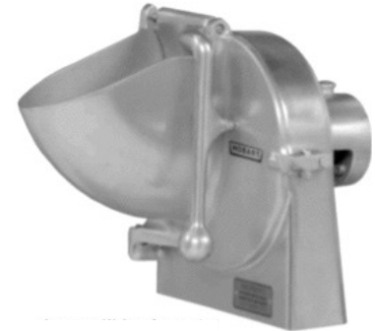 Identify the piece of equipment shown in each picture. -  A)  Slicer/shredder attachment B)  Grinder attachment C)  Rotation chopper D)  Small table-model mixer