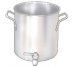 Identify the piece of equipment shown in each picture. -  A)  Stockpot with spigot B)  Saucepot C)  Brazier D)  Double boiler E)  Stockpot