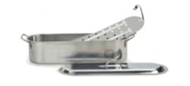 Identify the piece of equipment shown in each picture. -  A)  Brazier B)  Roasting pan C)  Fish poacher D)  Wok