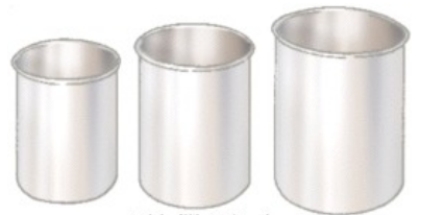 Identify the piece of equipment shown in each picture. -  A)  Double boilers B)  Braziers C)  Bain-marie inserts D)  Liquid volume measures