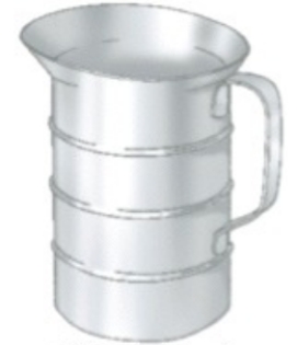 Identify the piece of equipment shown in each picture. -  A)  Liquid volume measure B)  Bain marie insert C)  Brazier D)  Double boiler