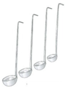 Identify the piece of equipment shown in each picture. -  A)  Ladles B)  Scoops C)  Liquid volume measures