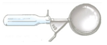 Identify the piece of equipment shown in each picture. -  A)  Liquid volume measure B)  Scoop C)  Ladle