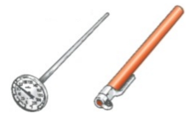 Identify the piece of equipment shown in each picture. -  A)  Instant-read thermometer with holder B)  Portion scale C)  Meat thermometer D)  Digital scale