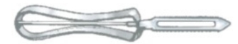 Identify the piece of equipment shown in each picture. -  A)  Swiss-style vegetable peeler B)  Clam knife C)  Vegetable peeler D)  Oyster knife