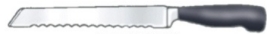 Identify the piece of equipment shown in each picture. -  A)  Scimitar B)  Serrated slicer C)  Butcher knife D)  Slicer