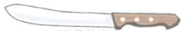 Identify the piece of equipment shown in each picture. -  A)  Butcher knife B)  Slicer C)  Serrated slicer D)  Scimitar