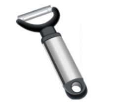Identify the piece of equipment shown in each picture. -  A)  Oyster knife B)  Clam knife C)  Swiss-style vegetable peeler D)  Paring knife