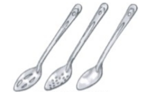 Identify the piece of equipment shown in each picture. -  A)  skimmers B)  Spoons: slotted, perforated solid C)  Spiders D)  Chinois