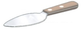 Identify the piece of equipment shown in each picture. -  A)  Straight spatula B)  Pie server C)  Sandwich spatula D)  Offset spatula