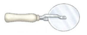 Identify the piece of equipment shown in each picture. -  A)  Pie server B)  Pastry wheel C)  Bench scraper D)  Microplane