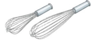 Identify the piece of equipment shown in each picture. -  A)  Chinois B)  Wire whips C)  Sieves D)  China Caps