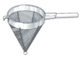 Identify the piece of equipment shown in each picture. -  A)  Sieve B)  Strainer C)  China cap D)  Chinois