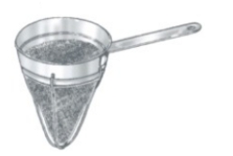 Identify the piece of equipment shown in each picture. -  A)  Chinois B)  Sieve C)  China cap D)  Strainer