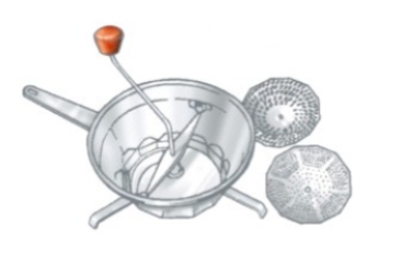 Identify the piece of equipment shown in each picture. -  A)  Colander B)  Strainer C)  Chinois D)  Food mill