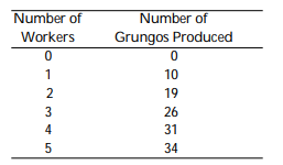 The Grungo Company has the following    If the real wage rate is 6, how many workers will the company hire? A)  0 B) 1 C) 3 D) 5