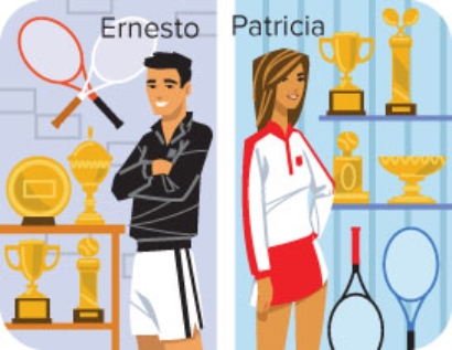Ernesto y Patricia. Combine the elements to form complete sentences that compare Ernesto and Patricia. \begin{array}{ll}\textbf{Ernesto}& \textbf{Patricia}\\28 a\~{n}os & 26 a\~{n}os\\practica 6 d\'{i}as/semana &practica 6 d\'{i}as/semana\\tiene 2 hermanas y un hermano &tiene una hermana\end{array} -Patricia / tener / trofeos (trophies) / Ernesto