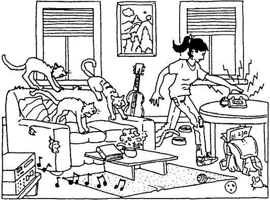iQu \'{e} l \'{i} o! (What a mess!) Look at the picture and then complete the sentences with the appropriate prepositions. iOJO! Use the point of view in which the phone is on the right and the stereo is on the left. a la derecha ~~~~~~~~~~ debajo ~~~~~~~~~~~encima\\a la izquierda ~~~~~~~~~~ delante ~~~~~~~~~~~entre -Unos gatos est \'{a} n _________________________ del sof \'{a} .