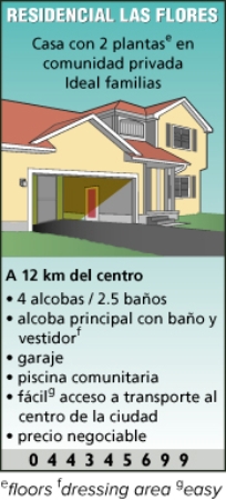 <strong>A LEER Los bienes ra \'{i} ces (Real estate). Read the advertisements, then answer the questions by selecting the letter of the appropriate ad (a or b). If neither is appropriate, select c. A. B. - Cu \'{a} l es la vivienda (residence) apropiada para una familia con 1 hijo y 2 perros?</strong> A) advertisement A. B) advertisement B. C) neither a nor b.
