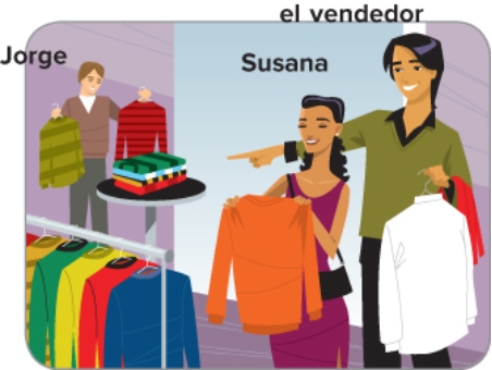  GRAM \'{A} TICA Los adjetivos demostrativos. Complete the dialogue with the correct form of the appropriate demonstrative adjective.     -SUSANA: Me gusta ________________<sup>1</sup> su \'{e} ter.   Lo tiene<sup>a</sup> en otros colores? VENDEDOR: S \'{i} , __________________<sup>2</sup> su \'{e} teres all \'{i} son del mismo<sup>b</sup> estilo en otros colores y van bien con __________________<sup>3</sup> camisa aqu \'{i} . SUSANA: Muy bien.   De qu \'{e} es ________________<sup>4</sup> camisa que Ud. tiene en la mano?<sup>c</sup> VENDEDOR: Es de algod \'{o} n, pero ___________________<sup>5</sup> camisas all \'{a} son de seda. SUSANA: Son bonitas.   Hay rebajas hoy? VENDEDOR: Para los su \'{e} teres y camisas no, pero _________________<sup>6</sup> zapatos all \'{i} tienen un descuento<sup>c</sup> de cincuenta por ciento. Note: <sup>a</sup>Lo. . . Do you have it, <sup>b</sup>same, <sup>c</sup>que. . . that you have in your hand, <sup>d</sup>discount 
