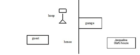 Jacqueline Olaf owned a large tract of land from 1953 to the present. The house she resides in was on one-half of the tract and a smaller guest quarters was on the other half. The garage for the main house was located on Mrs. Olaf's property, but she needed to make a wide-swing turn to get into the garage (see diagram below) . Mrs. Olaf has just sold one-half of the tract with the guest house to Chad Smith. The deed did not mention anything about garage access. Chad has just constructed a basketball court next to the garage (as shown)  with the hoop and pavement preventing Mrs. Olaf from getting her car into the garage.   Assume Mrs. Olaf is awarded access by a court, who is the dominant tenant? A)  Chad B)  Mrs. Olaf