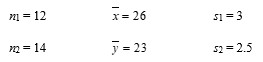 Suppose the following information comes from random samples from normal populations with means   and   ,  respectively.    Using the data given, obtain a 95% confidence interval for the difference in means. Round your answer to three decimal places.