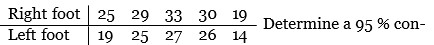 7 A random sample of 5 nine year-old soccer players is selected. All are right-footed. Each player kicks the ball once with each foot and the distance the ball travels before stopping is recorded in yards. (a) What would you conduct an appropriate randomization? (b) The data are        fidence interval for the mean difference in distance traveled. item[(c)] What assumption did you make to calculate the 95 % confidence interval? (d) Why are you 95 % confident in the interval you calculated in Part b?