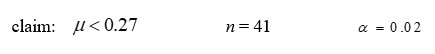Given the standard deviation σ, the statement of your claim about μ , the sample size, and the desired level of significance α.     Formulate: a) the hypotheses, b) the test statistic Z, c) the rejection region.