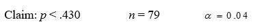 Given your claim about a population proportion, the sample size n, and the desired level of significance α.    Formulate:  A) the hypotheses, B) the test statistic Z, C) the rejection region