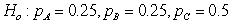 <strong>Use the following Observed counts from a sample are provided in the following table. The expected counts from a null hypothesis are given in parentheses. -Based on the expected counts, which of the following is most likely the null hypothesis?</strong> A) B) C) D)