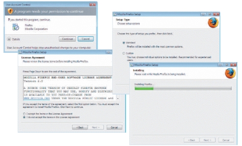   -Referring to the accompanying figure, the software installation step  Choose standard or custom  is illustrated in the screen labeled ____. A)  License Agreement B)  Setup Type C)  Installing D)  A program needs your permission to continue