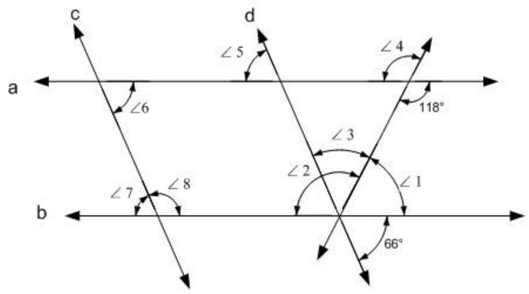  Determine the value of angles  \angle 1  through  \angle 8 . Line  \mathrm{a} \| \mathrm{b}  and  \mathrm{c} \| \mathrm{d} .    