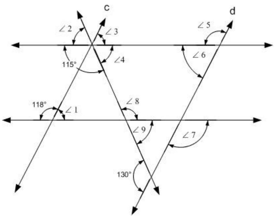  Determine the value of angles  \angle 1  through  \angle 9 . Line  \mathrm{a} \| \mathrm{b}  and  \mathrm{c} \| \mathrm{d} .    