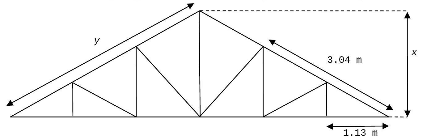 Determine the missing lengths in this roof truss diagram with evenly spaced vertical posts:   