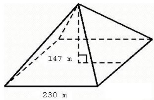 A pyramid has four congruent triangular faces, each having a base of  23 \overline{0} \mathrm{~m} . The peak of the pyramid is  147 \mathrm{~m}  above the base. How many litres of paint are needed to cover the pyramid if one litre of paint can cover  10.0 \mathrm{~m}^{2} .    