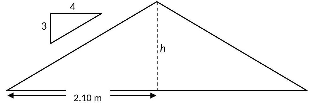  A roof pitch triangle in a building plan is a right triangle drawn parallel to the roof. What is the height  h  of the roof in this plan? Treat the numbers in the roof pitch triangle as exact numbers.    