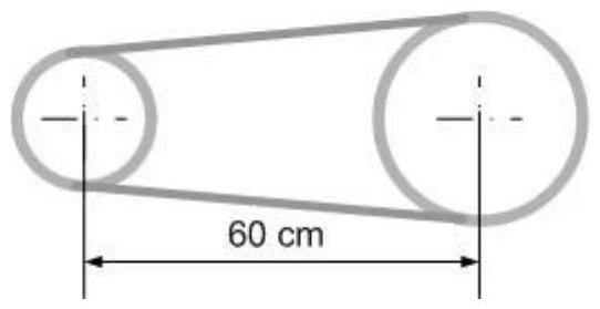 Determine the length of belt required to connect two pulleys with diameters  35 \mathrm{~cm}  and  75 \mathrm{~cm} , as shown below.    