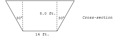  An engineer designed a  620 \mathrm{ft} . long canal to have a trapezoid cross-section  8.0 \mathrm{ft} . deep and  14 \mathrm{ft} . across the bottom, with walls sloping outward at an angle of  30^{\circ} . A contractor placed a bid to excavate the canal at  \$ 1.75  /cubic yard plus  10 \%  profit. What was the bid, to the nearest dollar?    